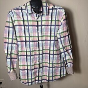 BUGATCHI - Pastel Colorful Flip Cuff Plaid Mens Lg. Shaped Fit Shirt - EXCELLENT